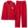 Pijamas para Recém-Casados Masculinos, Estilo Primavera/Outono, Algodão Puro, Estilo Cardigan, Gola Lapela, Manga Longa, Festivo, Ano do Rato Conjunto Casual para Casa Masculino