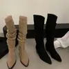 Botas Caídas de Tacón Alto con Punta Puntiaguda Color Caqui para Mujer 2026 Nuevas Botas de Montar de Tubo Largo Ajustadas para Primavera, Otoño e Invierno