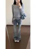 Jeans de Campana de Tiro Bajo Estilo Retro Americano para Mujer, Diseño Veraniego Petite, Corte Ajustado, Pantalones Bootcut de Longitud Completa