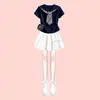 2026 Moda Femenina Estilo Academia Elegante Cuello Marinero Manga Corta Dulce Lindo Encaje Patchwork Falda Conjunto de Dos Piezas