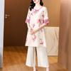Traje de Verano 2024 Nuevo Estilo Nacional Vintage Lino Camisa de Botones Oblicuos Algodón y Lino Bordado Ropa de Té Top Pantalones de Pierna Ancha