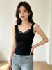Novo estilo de garota ousada, blusa regata com decote quadrado e retalhos de renda, estilo falso duas peças, camada interna justa ao corpo, alta elasticidade, efeito modelador, pode ser usada como peça externa