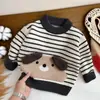 Suéter Infantil Outono e Inverno Novo Camiseta Básica Cartoon Infantil Top Quente para Bebê Suéter de Tricô Listrado Espesso para Bebê