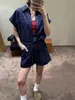 Macacão shorts jeans azul escuro para mulheres, verão, caimento solto, modelador com cintura de cordão, gola reversível, macacão de manga curta estilo workwear