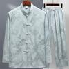 Tang Suit Masculino Seda Gelo Manga Longa Terno Primavera e Verão Meia-idade e Velhice Estilo Retro Hanfu Pai Velho Vovô Exercício Matinal Terno Taiji