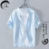 Camisa de lino para hombre, de manga corta, cuello alto, de verano, fina, holgada, de algodón y lino, blanca, informal y fresca.