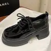 Zapatos Pequeños de Cuero de Suela Gruesa Negros para Mujer Primavera y Verano Aumentadores de Altura Zapatos Mary Jane de Tacón Grueso Pantuflas Punta Redonda con Cordones de Tacón Alto Zapatos Lefu