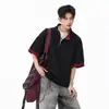 Camisa Polo Desconstruída Estilo Americano Color-Blocking com Gola Reversível, Manga Curta, Masculina, Primavera/Verão, Modelagem Solta, Casual, Camiseta para o Dia a Dia, Tendência