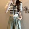 Top Dulce Rayado de Punto Chanel de Burbujas Ajustado para Mujer con Cuello Azul Marino y Costuras de Solapa en Contraste Verano 2024