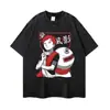Camiseta estampada de manga corta, lavada y desgastada de alta resistencia, corte holgado, marca moderna estilo americano, unisex, top casual de manga corta con temática de anime