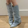 Botas vaqueras de tacón grueso con punta 2026 Nuevas Retro Versátiles Azules hasta la rodilla Botas de caña alta para montar