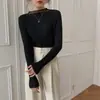 Toma real~ Suéter de punto coreano simple con retazos de malla para otoño e invierno, camisa base de punto versátil de ajuste ceñido con cuello semi-alto para mujer