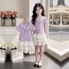Moda Femenina 2026 Dulce Corazón Top Elegante de Manga Corta Personalidad Chic Temperamento Falda Corta a Capas Conjunto Casual de Dos Piezas