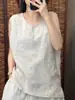 Camiseta Holgada de Algodón Vintage Versátil Nueva de Verano Talla Grande para Mujer Top sin Mangas de Algodón Lino Cuello Redondo