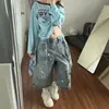 Shorts Jeans Feminino com Barra Xadrez Color Block Estilo Americano, Verão Plus Size Emagrecedor Estilo de Rua Calças Capri Estampa Borrifada