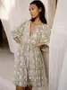 Moda Transfronteriza para Mujer Cuerda de Corbata Floral Manga Corta Holgada Casual Vestido de Ram Falda de Vacaciones en la Playa