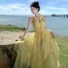Vestido largo de gasa con cuello halter color ámbar, estilo verano, impresionante vestido largo de vacaciones, tela de gasa