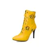Botas de tornozelo com salto alto, fivela de cinto, estilo europeu e americano, com cadarço, botas femininas plus size, salto agulha, bico fino 3993