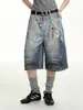 Jeans Pendurados de Perna Larga com Estampa Completa para Homens, Calças Curtas Casuais Americanas Soltas de Perna Reta para o Verão