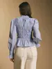 Design Casual Francês, Bordas Franzidas, Blusa Listrada Versátil, Mangas Bufantes, Camisa Elegante Retro de Corte Justo