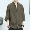 Algodão Linho Manga Sete Pontos Verão Novo Gola Cruzada Camisa Masculina Estilo Japonês Retrô Meia-manga Moderna Casual Top