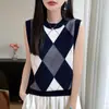 Colete Tricô Feminino 100% Lã 2026 Outono/Inverno Novo Gola Redonda Sem Mangas Padrão Diamante Color Block Caimento Solto