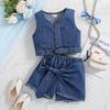 Samgami Baby Moda Europea y Americana Traje de Mezclilla para Niñas Verano Nuevo Top Chaleco con Lazo Culottes