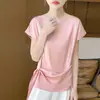 Camiseta T-shirt versátil de cetim, ombro a ombro, manga curta, nova, estilo coreano de verão, cor sólida, top simples e estiloso para mulheres