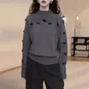 Suéter de punto gris para mujer con cuello semialto y corbata de lazo, nuevo suéter pullover holgado de otoño e invierno con un toque de alta gama, top de manga larga