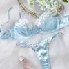 Azul Personalizado Venta Caliente Transfronteriza Europea y Americana Lencería Erótica Bordada Chica Sexy Conjunto de Sujetador Adelgazante Francés Puro Deseo