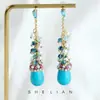 Brincos Longos com Franjas Turquesa Artesanais de Luxo Originais, Novos Brincos Elegantes de Agulha de Prata Estilo Chinês, Brincos Estilo Étnico para Mulheres