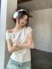 Camiseta blanca ajustada con hombros descubiertos y plisada con textura francesa para mujer, estilo coreano de verano