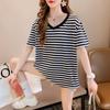 Talla Grande Colcha Algodón Rayas Azules y Blancas Camiseta Sea Soul de Manga Corta para Mujer Verano 2021 Estilo Coreano Holgada Adelgazante Cubre Vientre