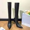 Botas largas de tacón alto negras para mujer, nuevo modelo popular 2026, punta fina, tacón delgado, botas elásticas ajustadas, botas largas hasta la rodilla
