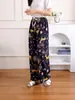 Calça Larga Feminina Estampada de Seda de Gelo Transfronteiriça, Calça Casual Solta de Cintura Alta para Casa, Estilo Fino de Verão para Mães de Meia-Idade e Idosas