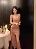 Vestido de Tirantes Brillante de Lentejuelas de Alta Gama para Cumpleaños, Sexy para Dama, Elegante para Banquete, Delgado para Fiesta, Vestido con Abertura