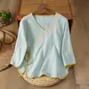 Camisa de Algodão e Linho para Mulheres, Novo Estilo Verão 2025, Blusa Artística Estilo Chinês, Camisa Bordada de Meia-Manga com Decote V