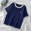 Camiseta feminina estilo coreano, nova, verão 2024, com contraste de seda gelada, corte slim, manga curta, gola redonda, estilo ocidental