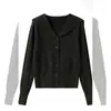 Cardigan de Tricô Azul Marinho com Gola Doce Estilo Francês para Mulheres, Primavera 2026, Manga Longa, Cor Sólida, Elegante, Versátil, Blusa Emagrecedora