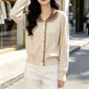 Jaqueta Cardigan com Lapela Feminina Nova Primavera Outono Peça de Exterior Versátil Slim Fit Gola Boneca Suéter de Tricô Top Estilo Coreano