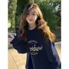 Sudadera Redonda Estampada Estilo Americano para Mujer, Top Moderno de Corte Holgado en Azul Marino