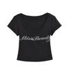 Camiseta de Manga Corta con Cuello Redondo Escotado, Corte Bajo, Figura Slim de Estilo Americano, Pura con Pedrería Hot Drilling, Sexy Ombligo