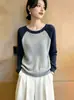 Suéter raglán color block para mujer, nuevo top de punto suelto de cuello redondo otoño/invierno, capa base, top pullover versátil