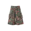 Shorts de Trabajo de Mezclilla Lavada Estilo Americano con Estampado de Rosas Camufladas para Hombres y Mujeres, Shorts Casuales Sueltos de Pierna Ancha Estilo Retro