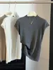 Top de tricô fino texturizado com gola alta e mangas curtas tipo babado para mulheres, camiseta básica sem mangas canelada vertical slim fit