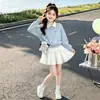 Conjunto de Menina para Primavera e Outono: Conjunto de Duas Peças Elegante e Único: Moletom com Gola, Acabamento em Renda Doce de Laço e Saia Combinando