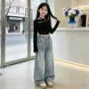 Traje de Dos Piezas para Niñas Primavera y Otoño Nuevo Estilo Coreano con Estrás de Estrella Estampado en Caliente 2026 Top de Manga Larga Jeans de Pierna Ancha Conjunto de Dos Piezas Moderno Genial