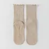 Meias de Yoga com Bordas Franzidas, Meias Antiderrapantes de Cano Médio para Fitness Indoor, Pilates, Meias Longas de Cor Sólida Femininas, Meias de Yoga