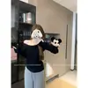 Suéter de Tricô com Tranças Off-Shoulder para Mulheres, Primavera e Outono, Slim Fit, Blusa de Tricô de Manga Longa