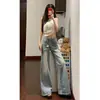 Chao Li tem em estoque jeans de lavagem desgastada microflare feminino perna dupla comprimento elástico slim fit versátil valoriza calças de perna larga comprimento total